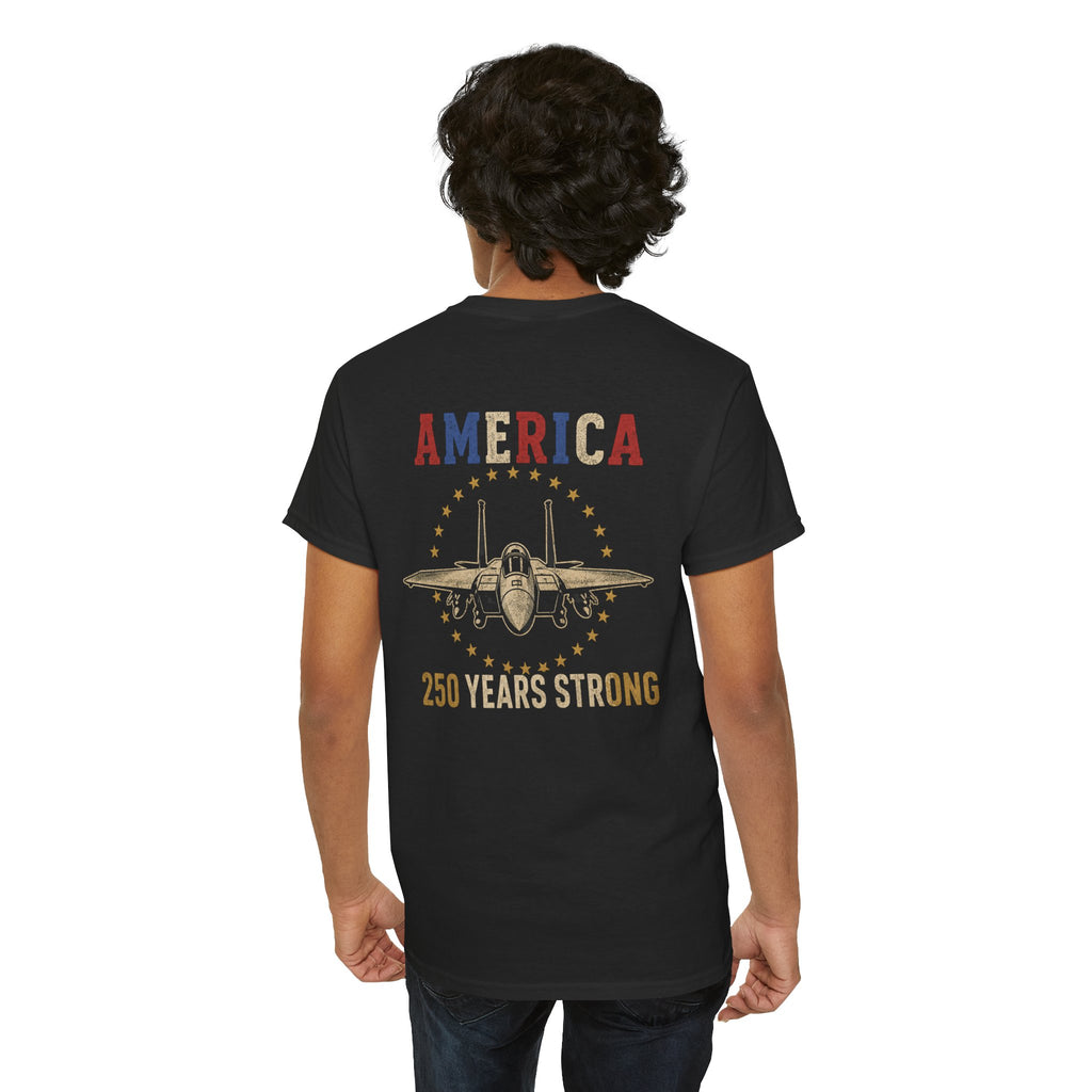 America 250 Years Strong Vintage Aviation Graphic Tee | Patriotic Fighter Jet T-Shirt