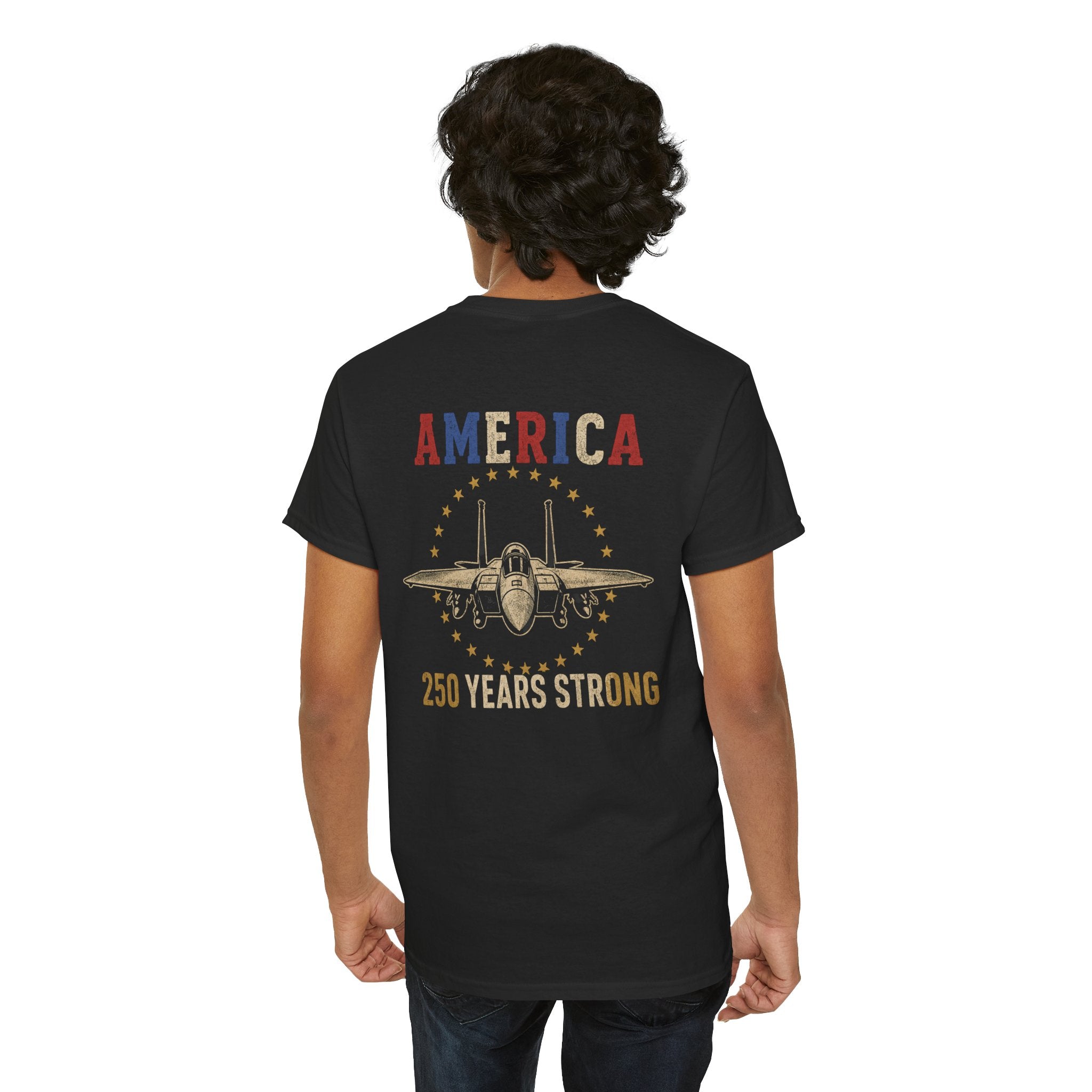 America 250 Years Strong Vintage Aviation Graphic Tee | Patriotic Fighter Jet T-Shirt