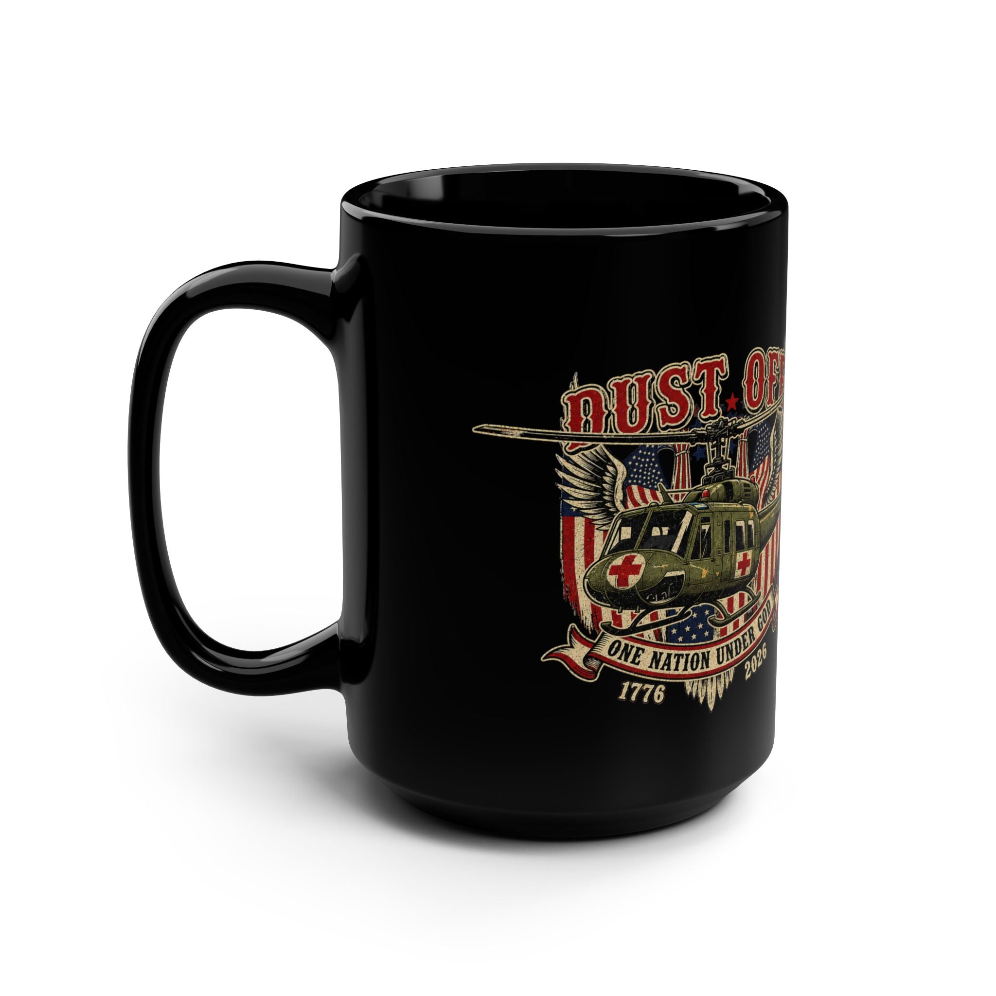 15oz Black Mug — Patriotic Military Helicopter 'Get Off My Plane' Coffee Cup