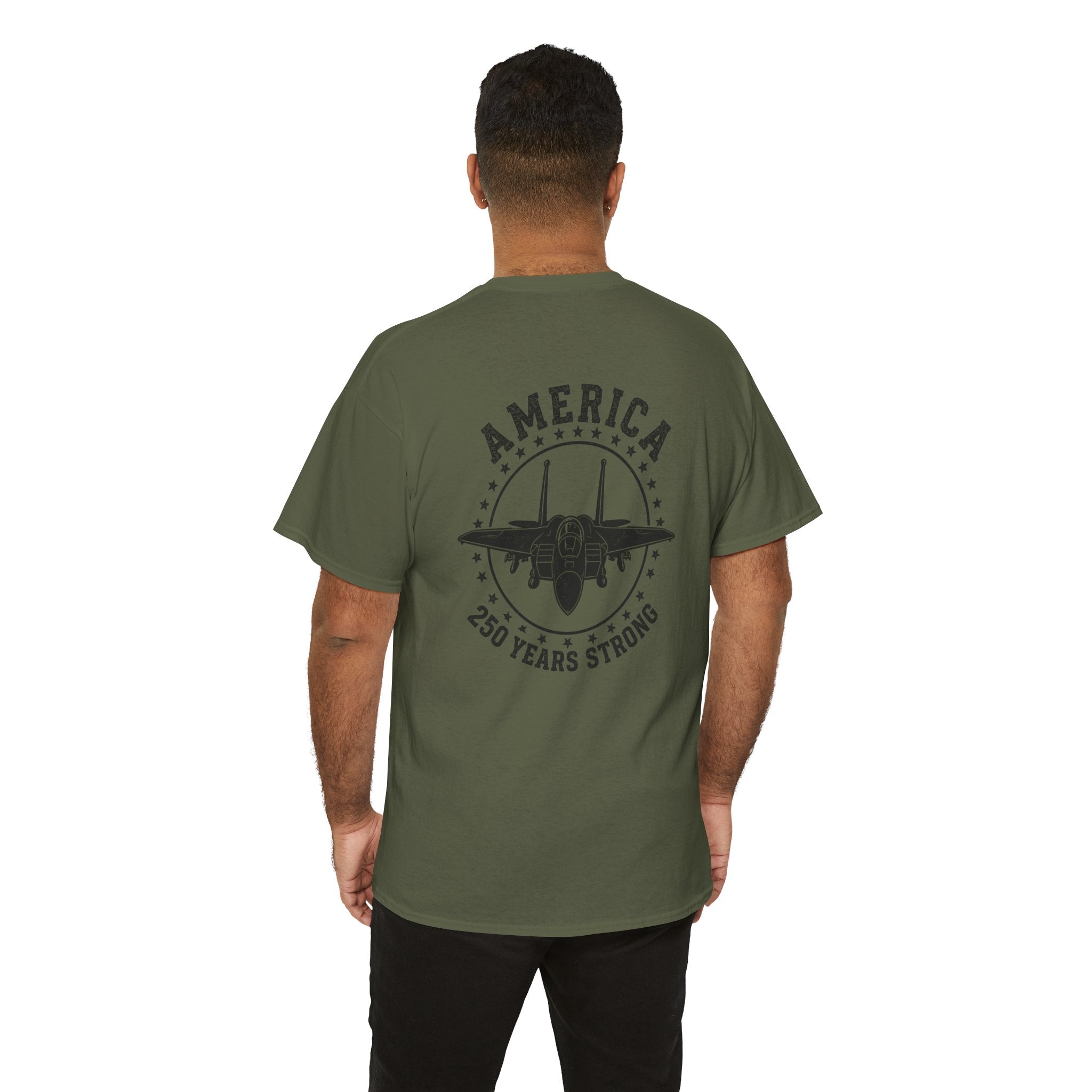 America 250 Years Strong Military Green Graphic Tee | Tactical Patriotic Fighter Jet T-Shirt