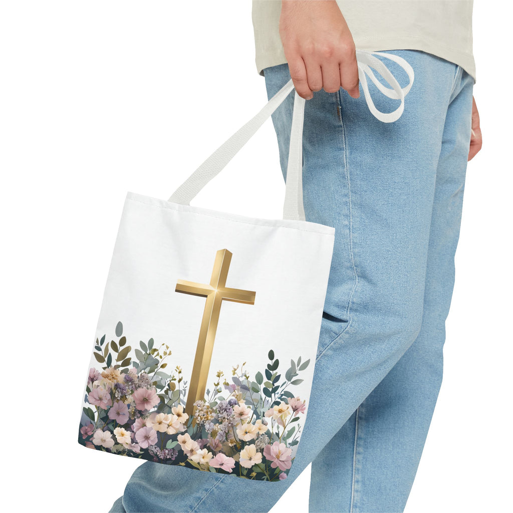 IInspirational Tote Bag – Floral Cross with Bible Verse – Christian Motivational Carryall