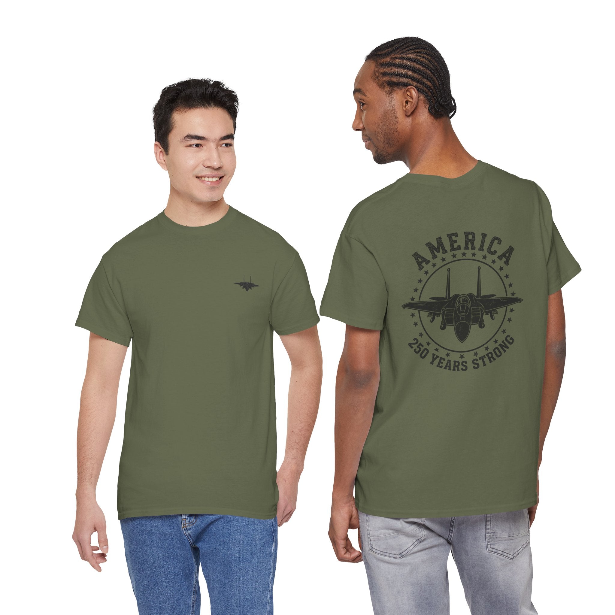 America 250 Years Strong Military Green Graphic Tee | Tactical Patriotic Fighter Jet T-Shirt