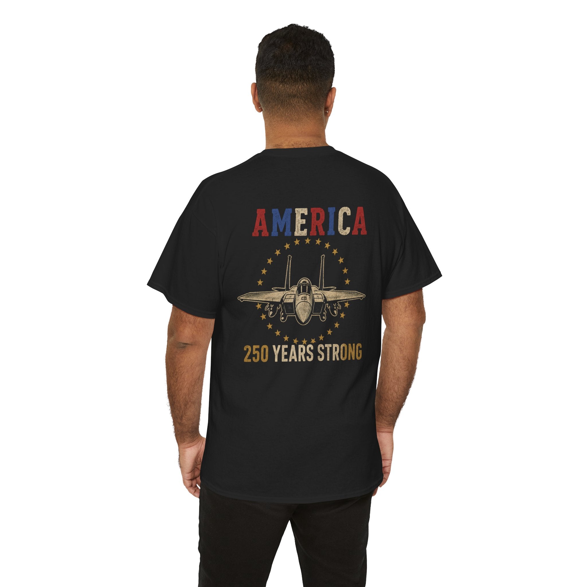 America 250 Years Strong Vintage Aviation Graphic Tee | Patriotic Fighter Jet T-Shirt