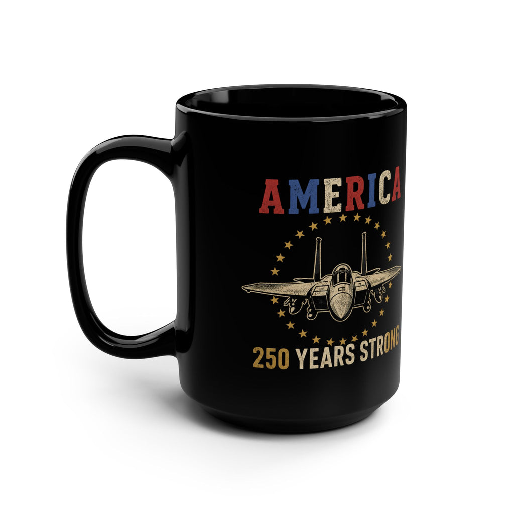 America Strong 15oz Black Coffee Mug with Fighter Jet Patriotic Design