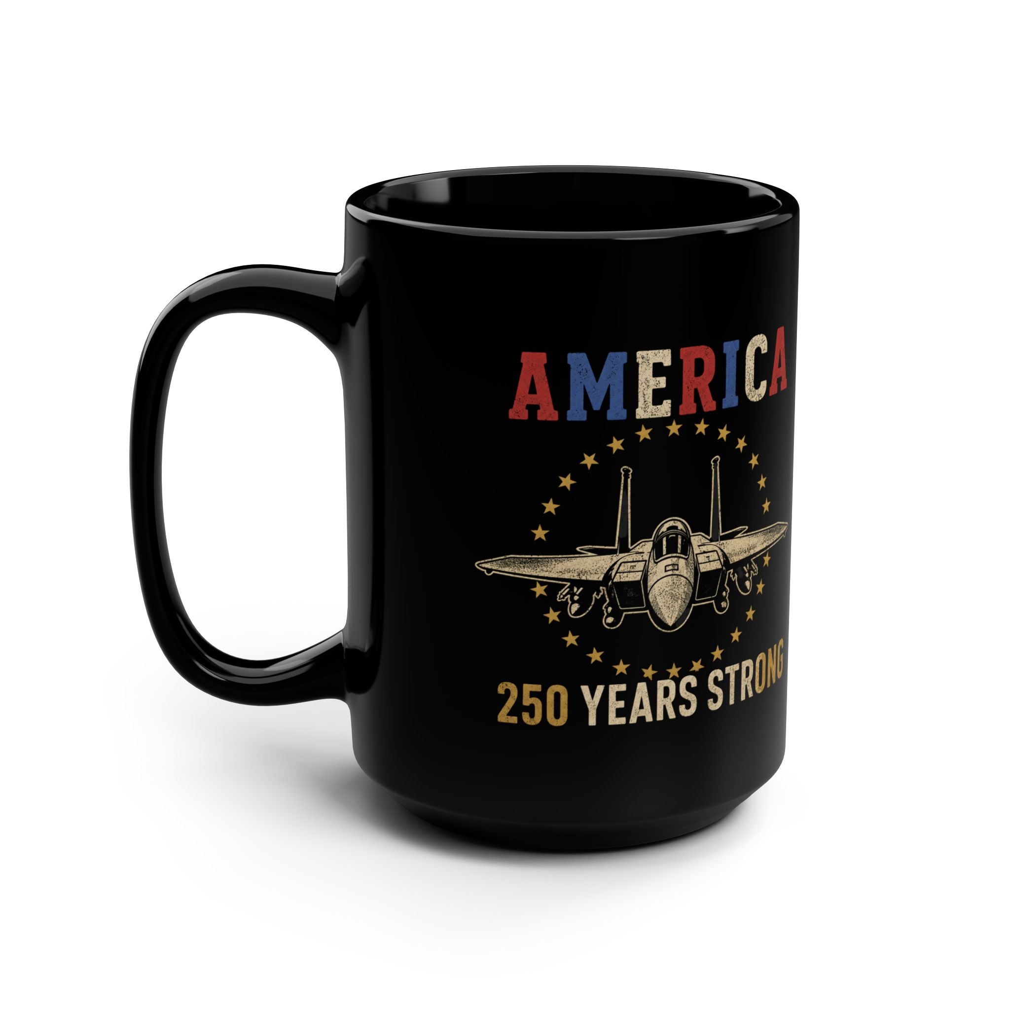 America Strong 15oz Black Coffee Mug with Fighter Jet Patriotic Design