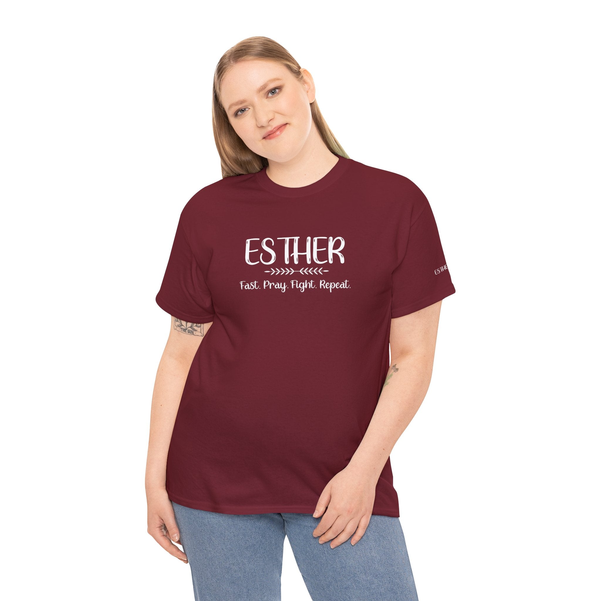 Esther Shirt – Fast, Pray, Fight, Repeat – Christian T-Shirt – Women of the Bible – Faith & Courage Tee