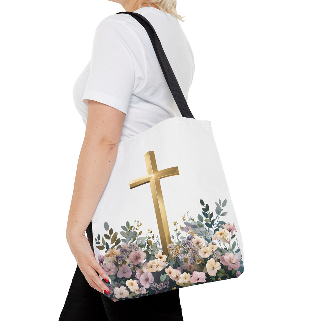 IInspirational Tote Bag – Floral Cross with Bible Verse – Christian Motivational Carryall