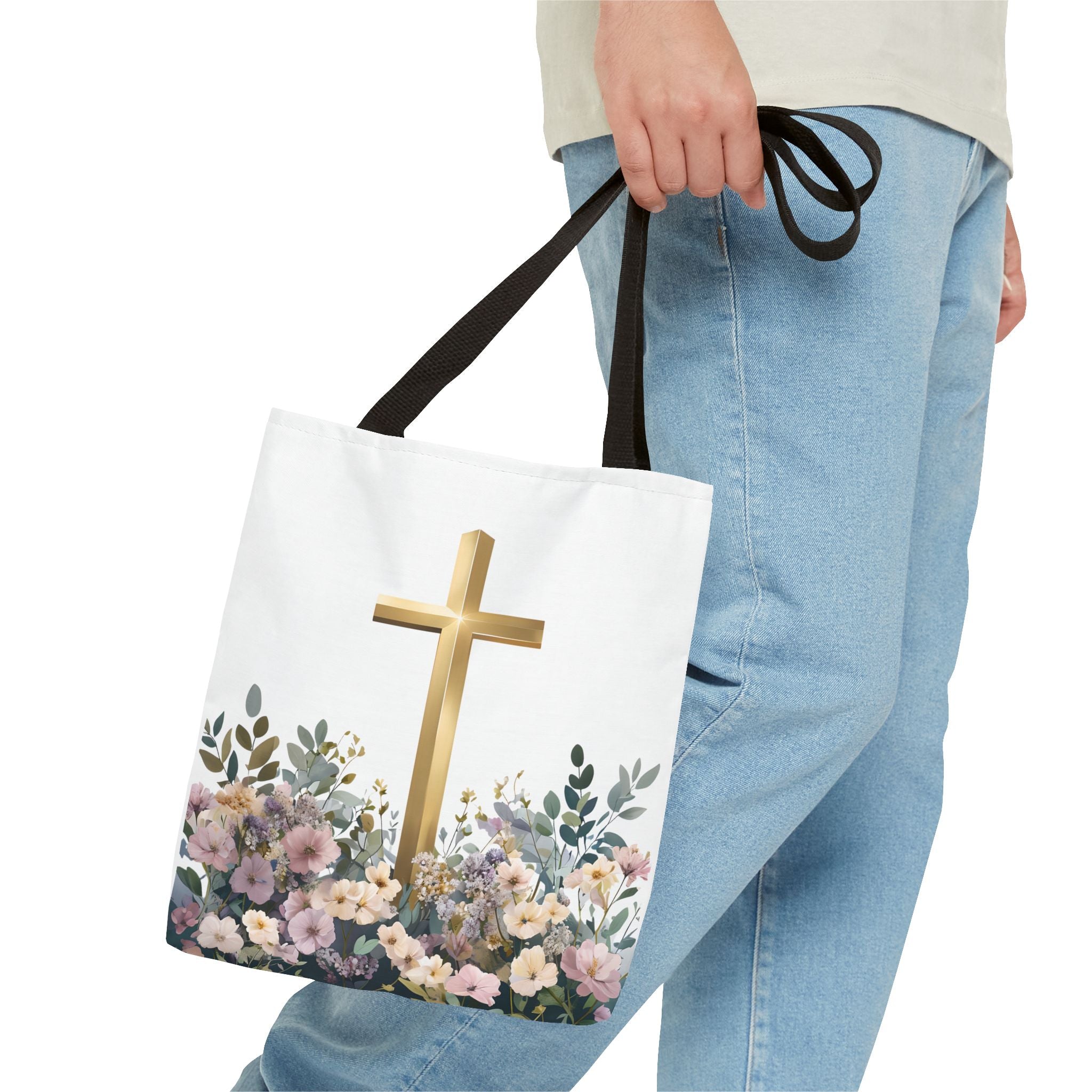 IInspirational Tote Bag – Floral Cross with Bible Verse – Christian Motivational Carryall
