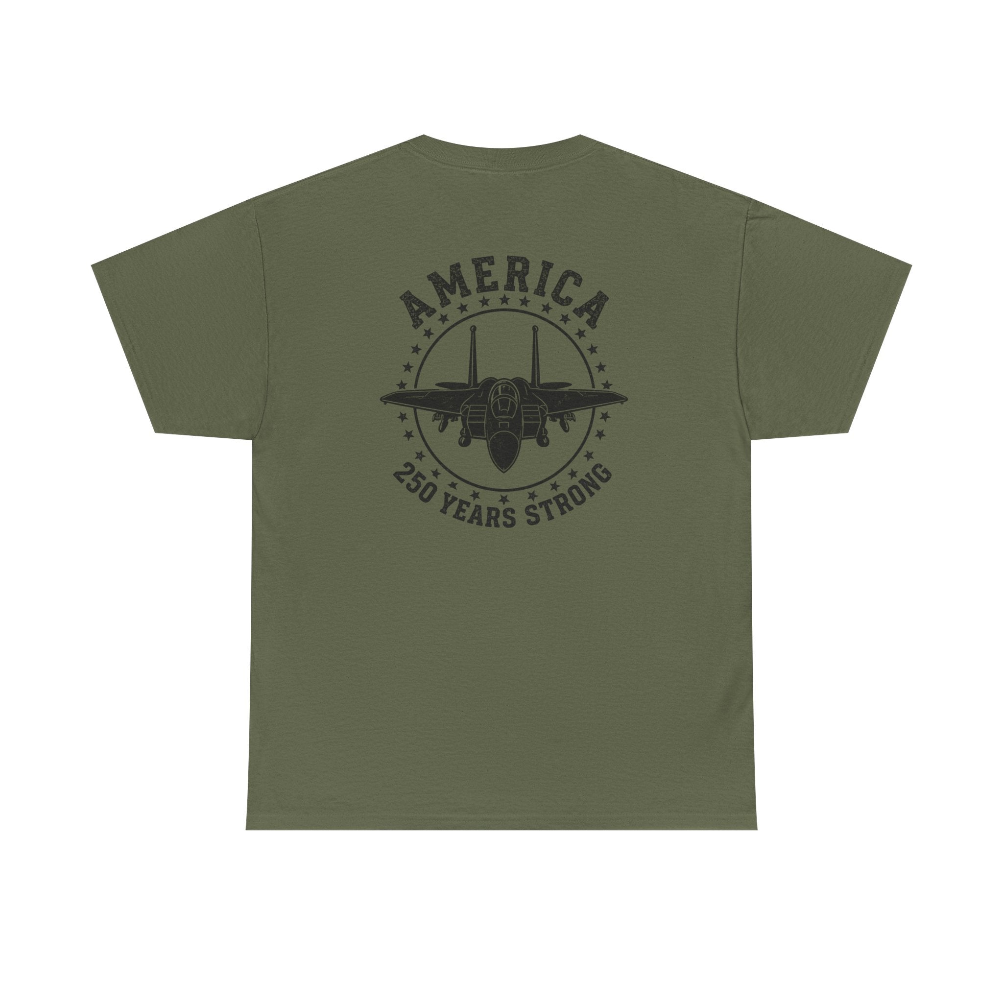 America 250 Years Strong Military Green Graphic Tee | Tactical Patriotic Fighter Jet T-Shirt