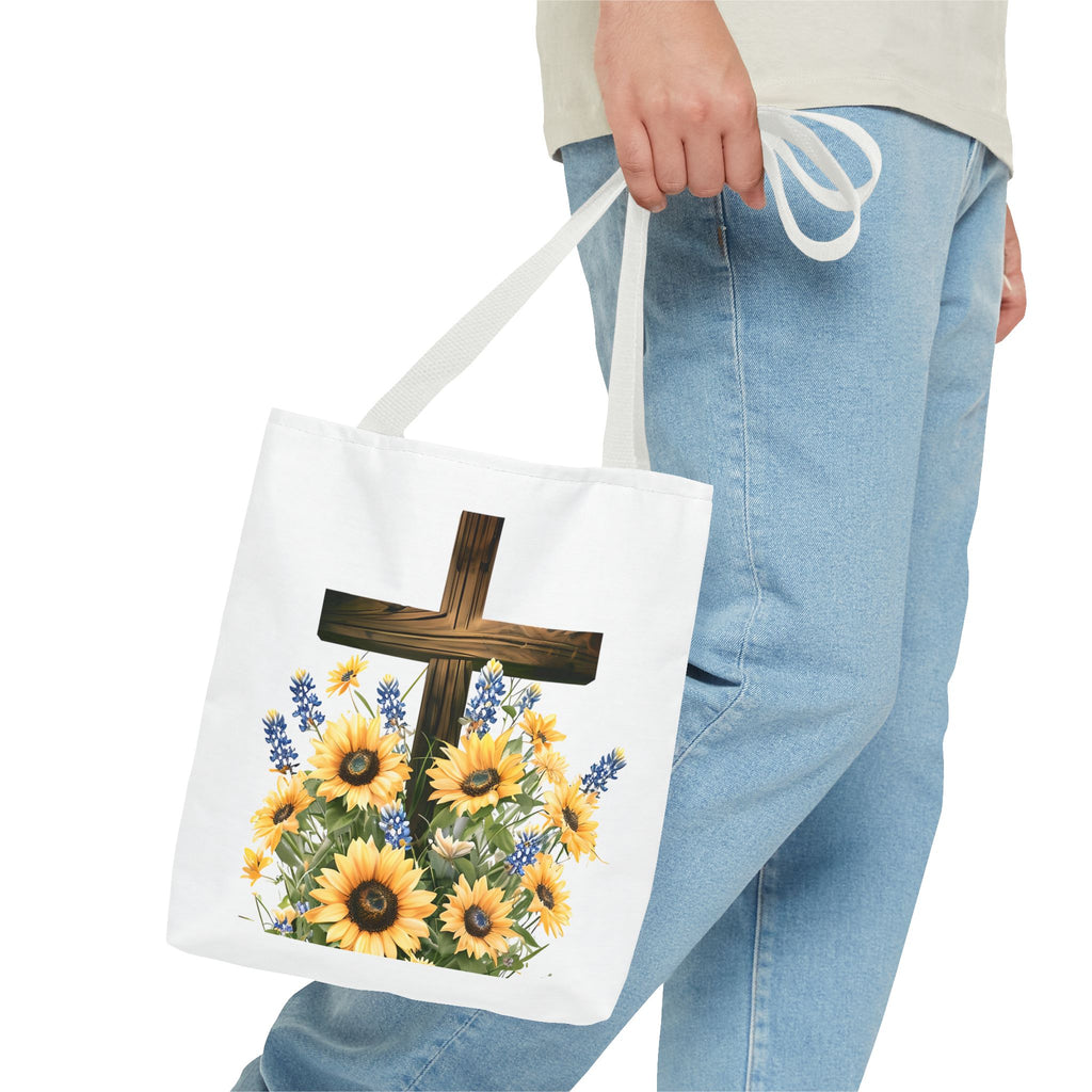 Christian Faith Tote – Sunflowers & Bluebonnets with Bible Verse – KJV Spiritual Bag
