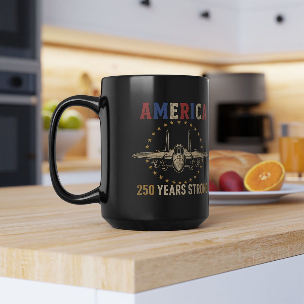 America Strong 15oz Black Coffee Mug with Fighter Jet Patriotic Design