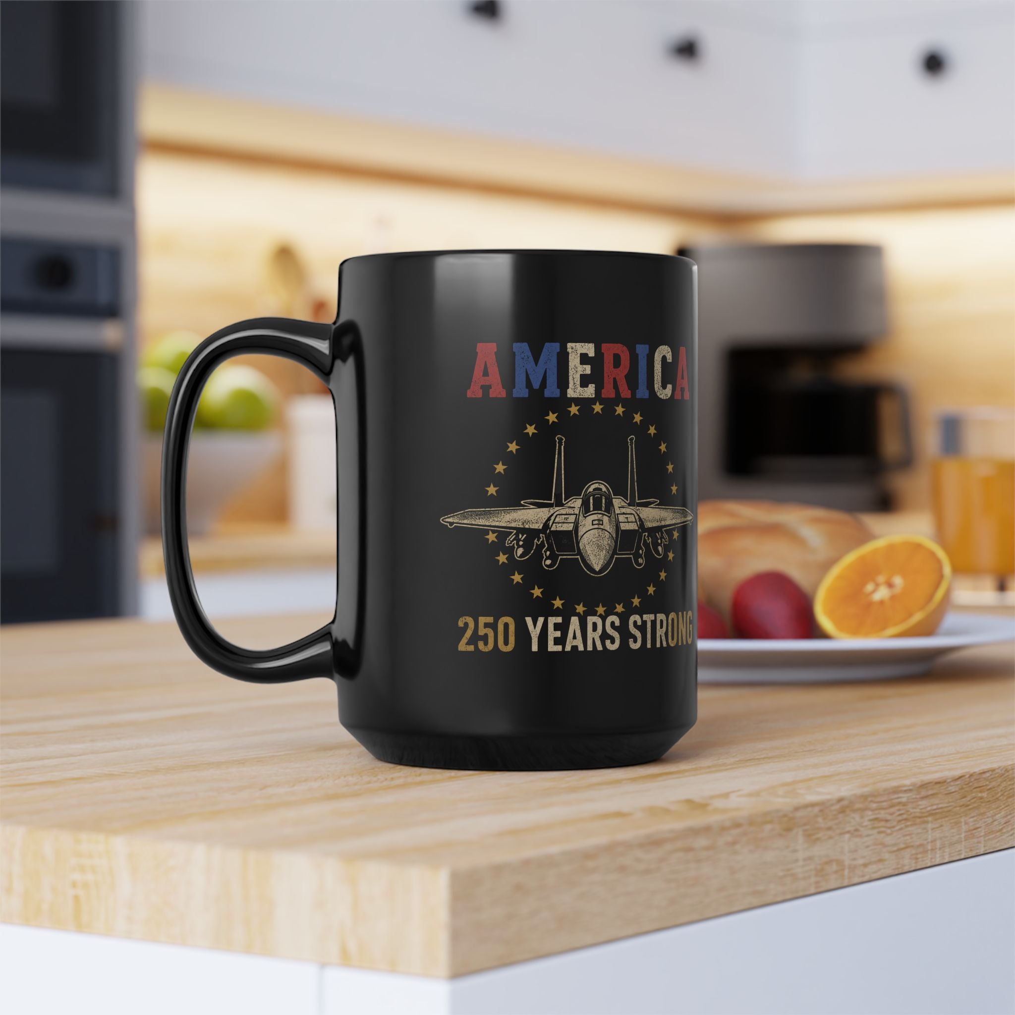 America Strong 15oz Black Coffee Mug with Fighter Jet Patriotic Design