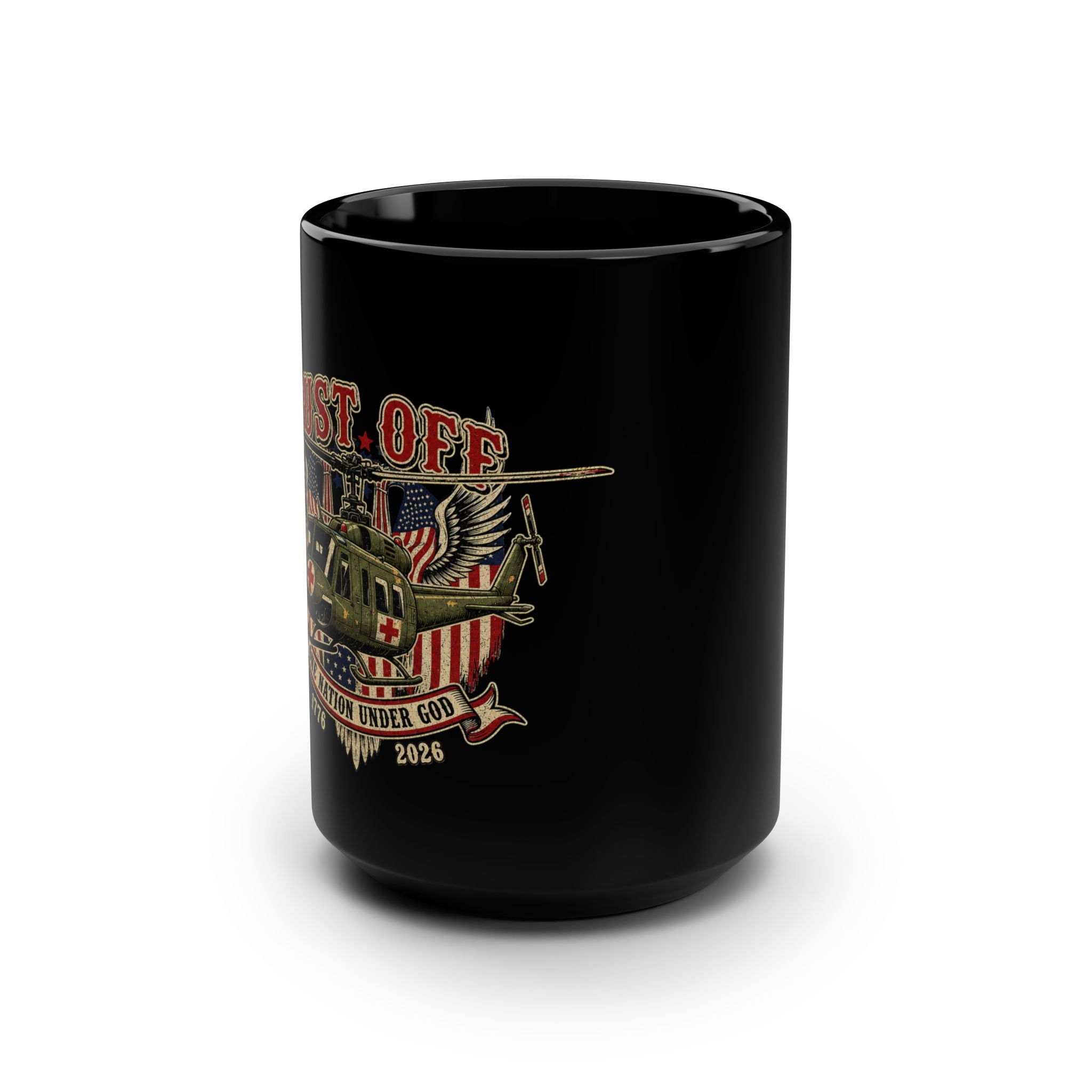 15oz Black Mug — Patriotic Military Helicopter 'Get Off My Plane' Coffee Cup