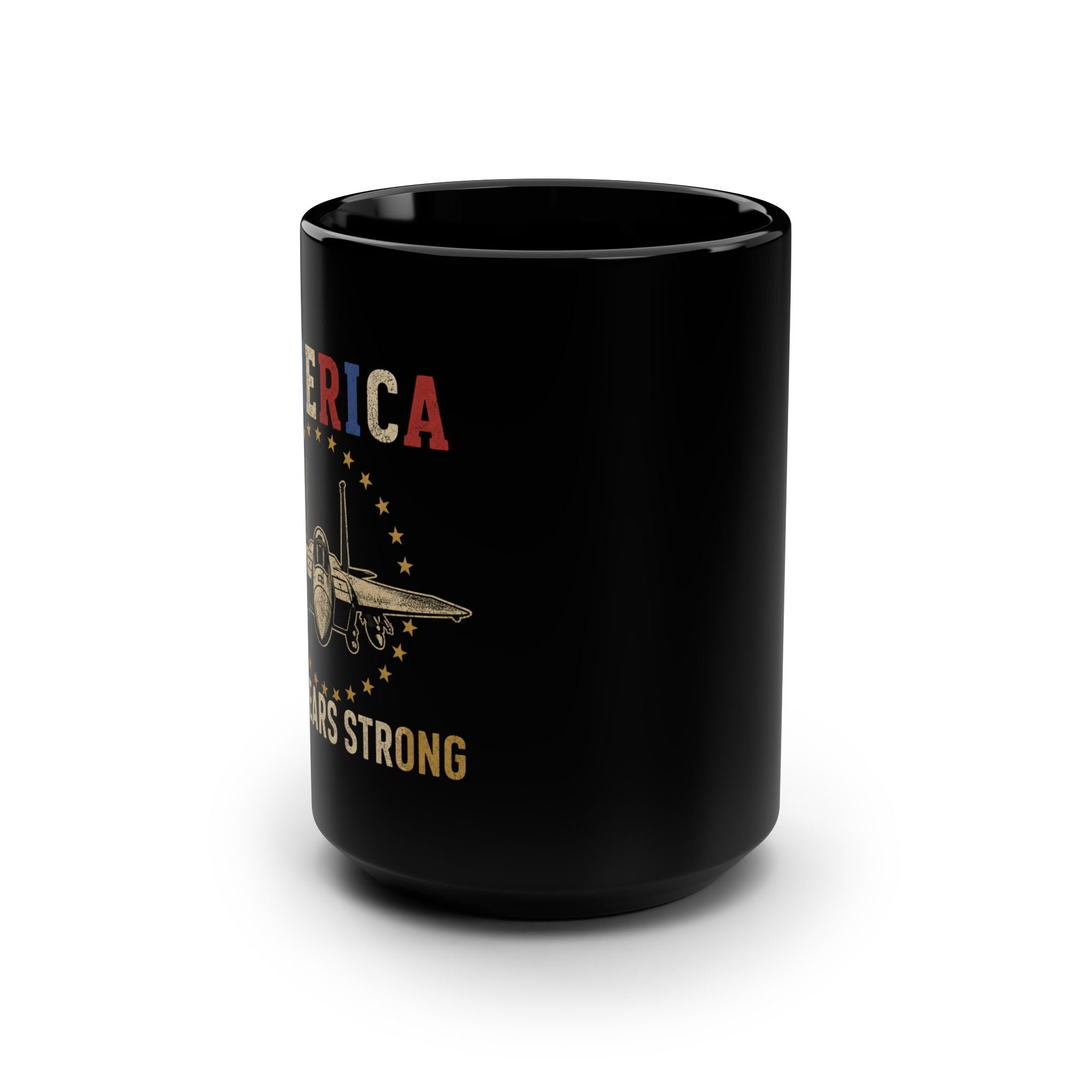 America Strong 15oz Black Coffee Mug with Fighter Jet Patriotic Design