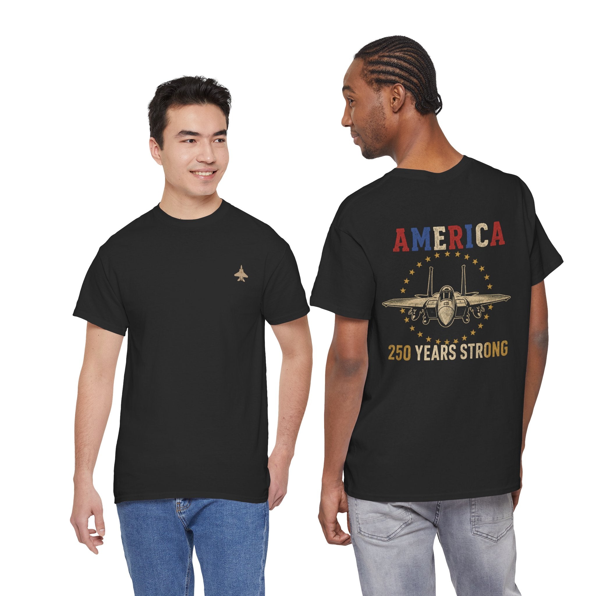 America 250 Years Strong Vintage Aviation Graphic Tee | Patriotic Fighter Jet T-Shirt