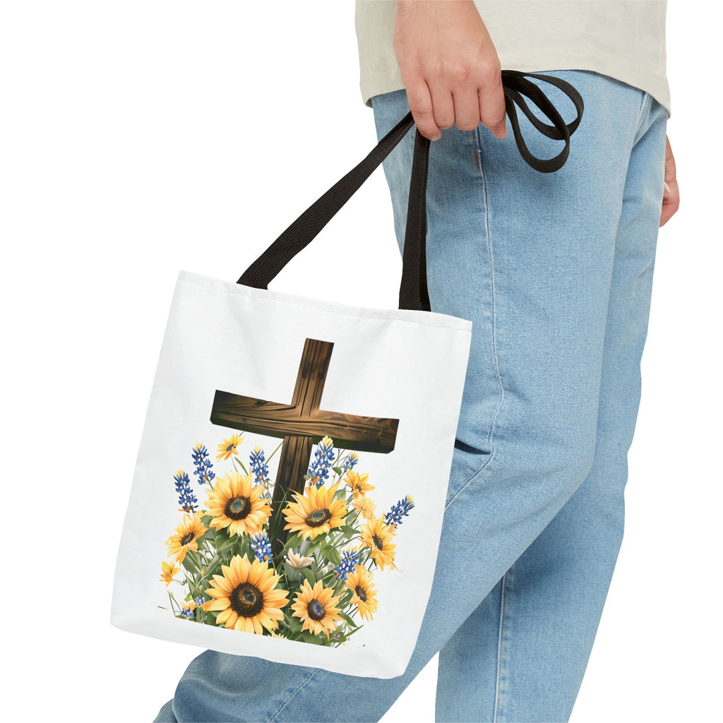 Christian Faith Tote – Sunflowers & Bluebonnets with Bible Verse – KJV Spiritual Bag