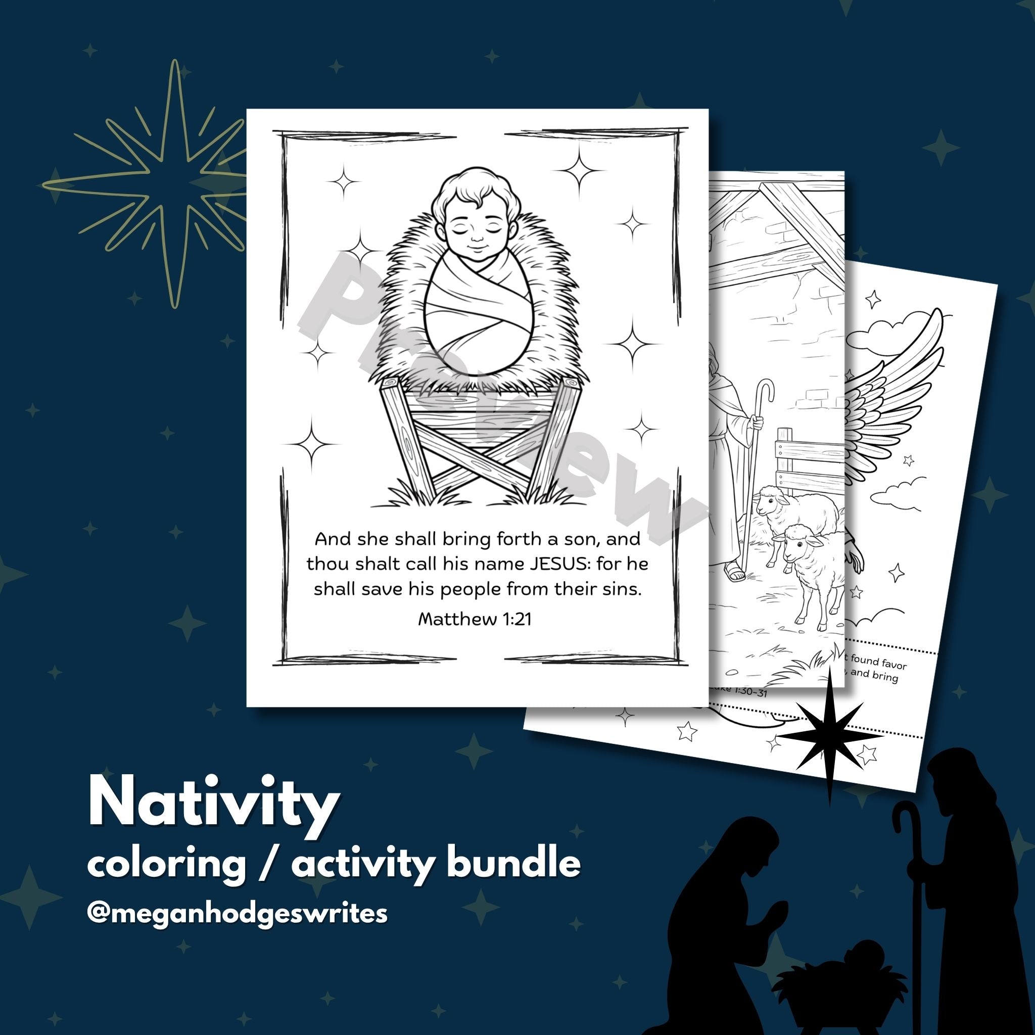 Nativity Coloring / Activity Pages (KJV Bible Verse 16pg download)