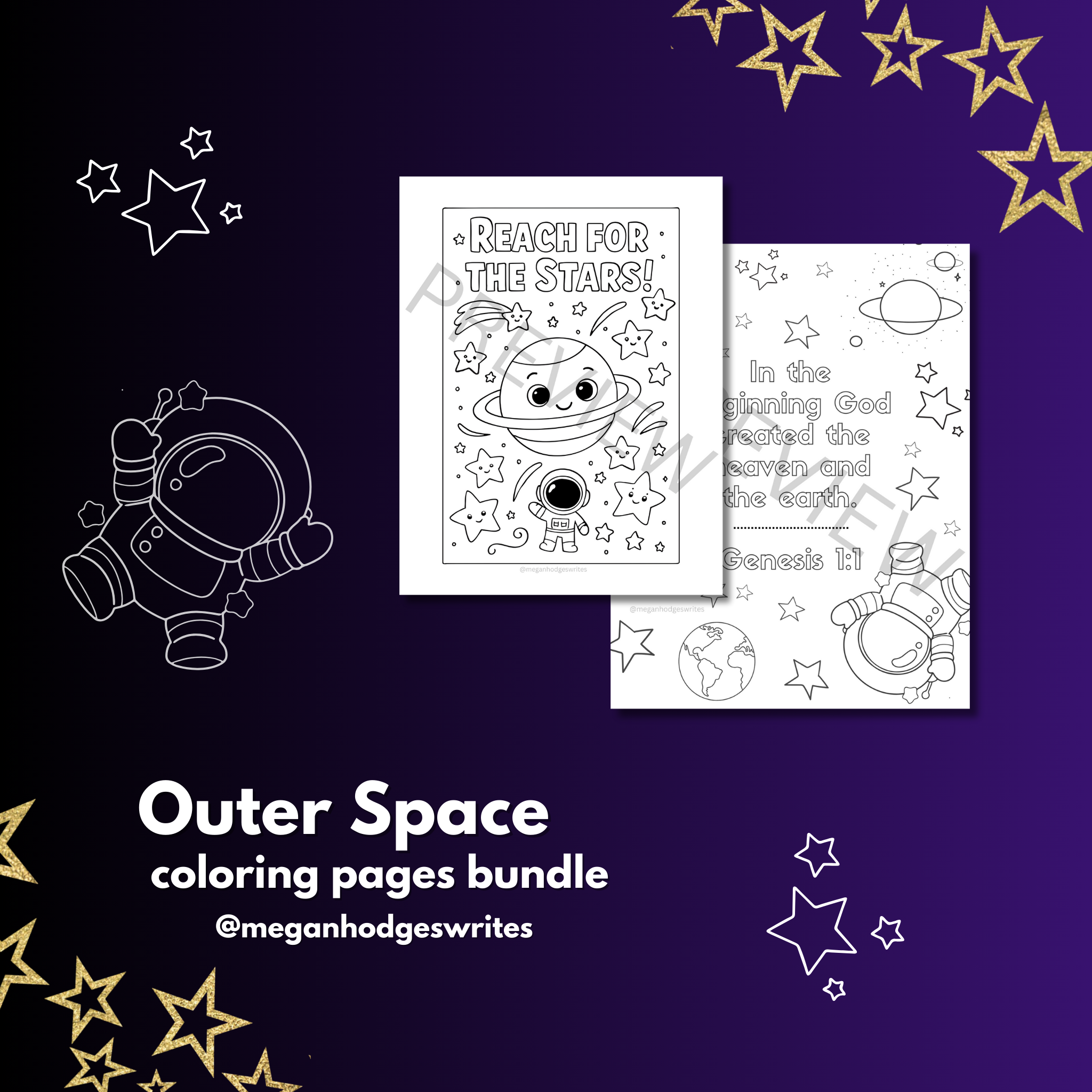 Outer Space Themed Coloring Pages (KJV Bible Verse, 11 pg Instant Download)
