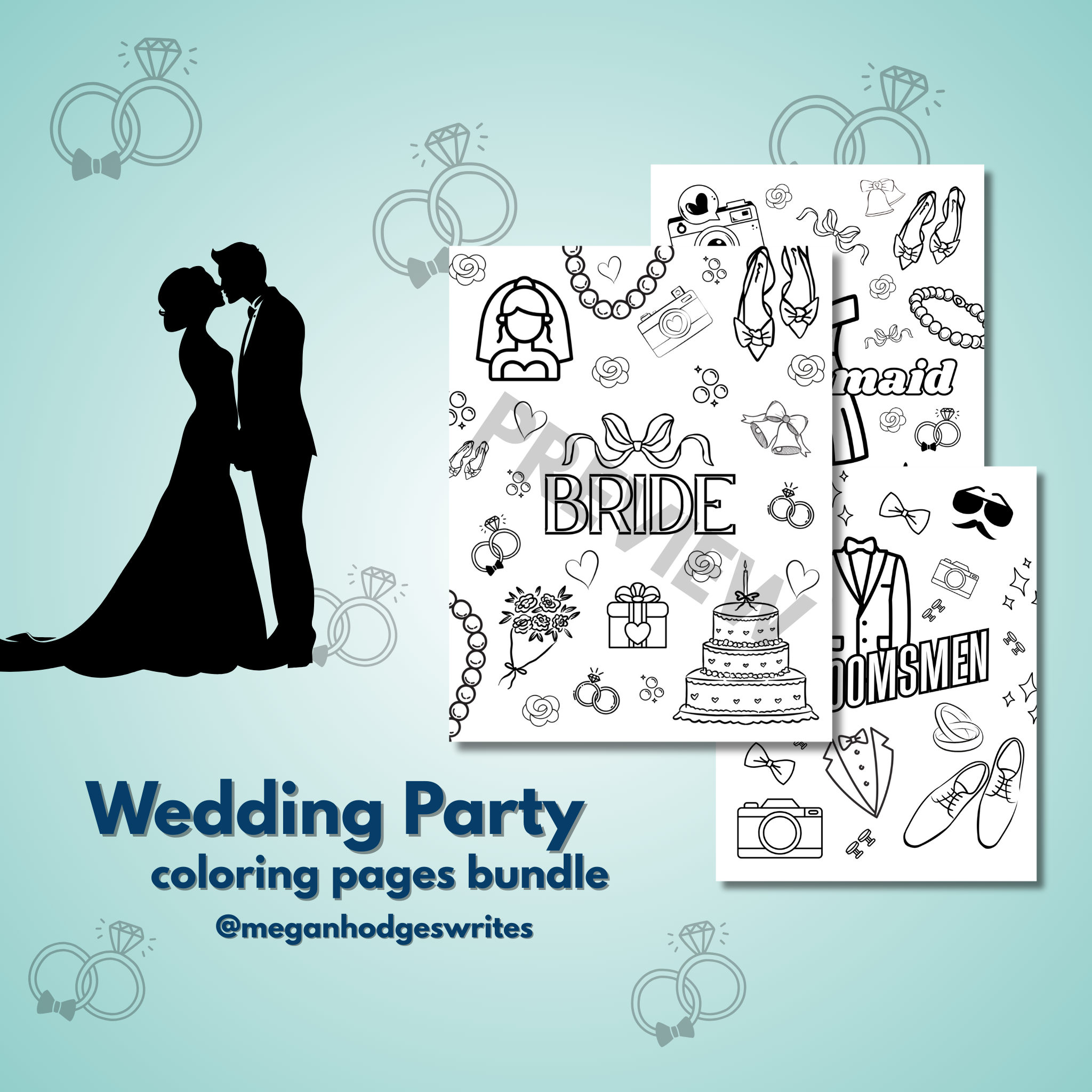 Wedding Party Coloring Pages (17 pg Instant Download)