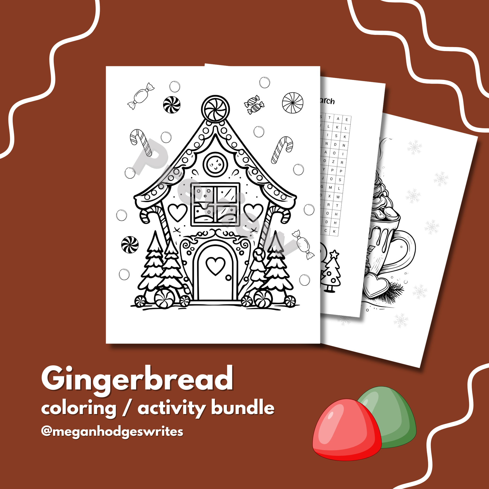 Gingerbread Activity Pack – 11 Page Printable Coloring Pages & Word Search | Christmas Kids Activity Download