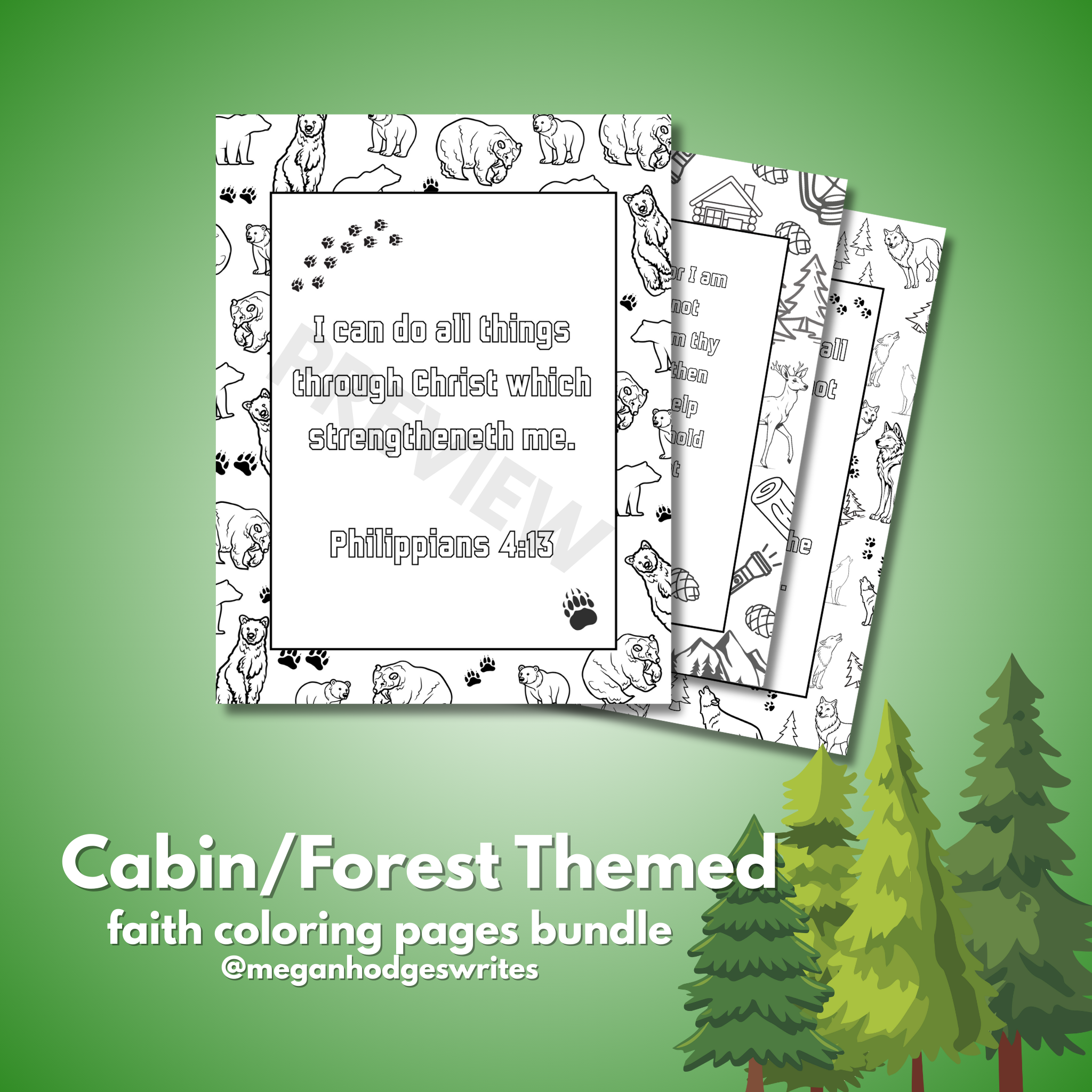 Cabin-Forest Coloring Pages (KJV Bible Verse, 12 pg Instant Download